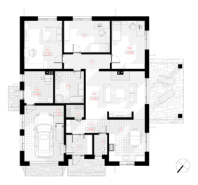"Justīne"- ekonomiska četrslīpju jumta vienstāvu dzīvojamā māja ar garāžu un trim plašām istabām, kurās var iekārtoties 3 - 4 cilvēku ģimene. Segto 20 m2 terasi var neizbūvēt