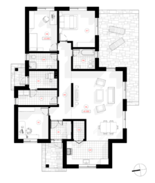 "Jasmīna"'ir vienstāvīga, vienslīpnes-divslīpju ekonomiska dzīvojamā māja ar trim istabām 4-5 cilvēku ģimenei