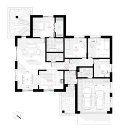 Vienstāvīgas dzīvojamās mājas projekts ar četrām istabām un garāžu diviem spēkratiemm