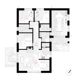 Vienstāvīgas dzīvojamās mājas projekts ar trim istabām un garāžu vienam spēkratam