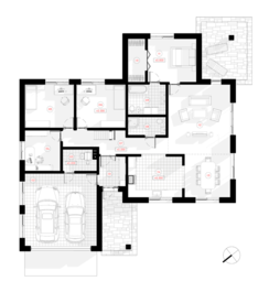 Vienstāvīgas dzīvojamās mājas projekts ar četrām istabām un garāžu diviem spēkratiemm