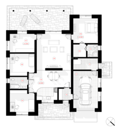 "Kintija" ir vienstāvīga dzīvojamā māja ar garāžu un četrām istabām, kas piemērota 4-5 cilvēku ģimenei