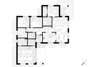 "Justs" ir vienstāvu plašas mājas projekts ar atvērtu un plašu dzīvojamo telpu un četrām istabām.