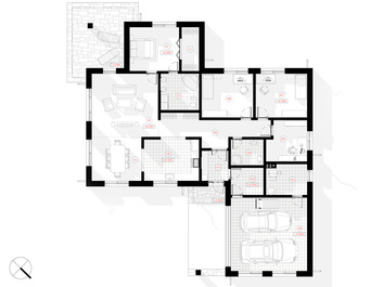 "Justs" ir vienstāvu plašas mājas projekts ar atvērtu un plašu dzīvojamo telpu un četrām istabām.